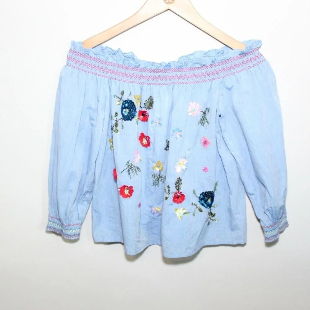 NWT Joie Off-the-Shoulder Floral Embroidered Chambray Top Blue Blouse Size XS - Picture 2 of 12